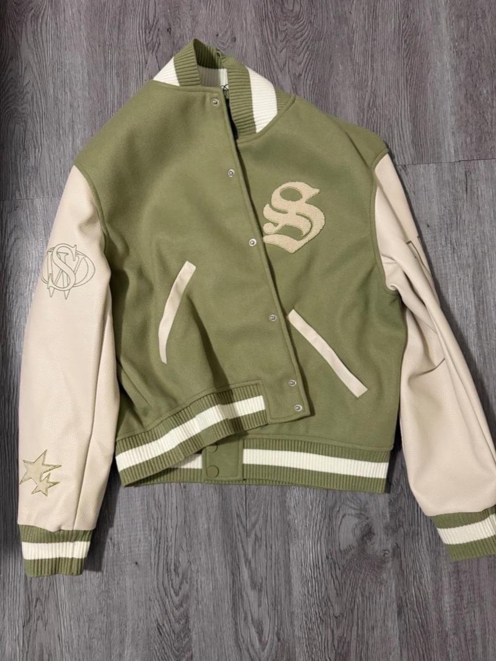 Olive & Cream Varsity Bomber Jacket with Embroidered 'S'